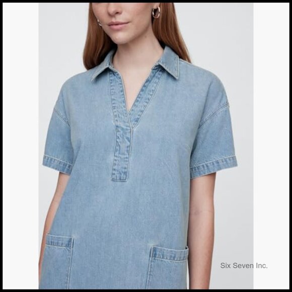 Denim Popover Mini Dress Casual Comfortable Fit Machine Washable - Picture 3 of 6